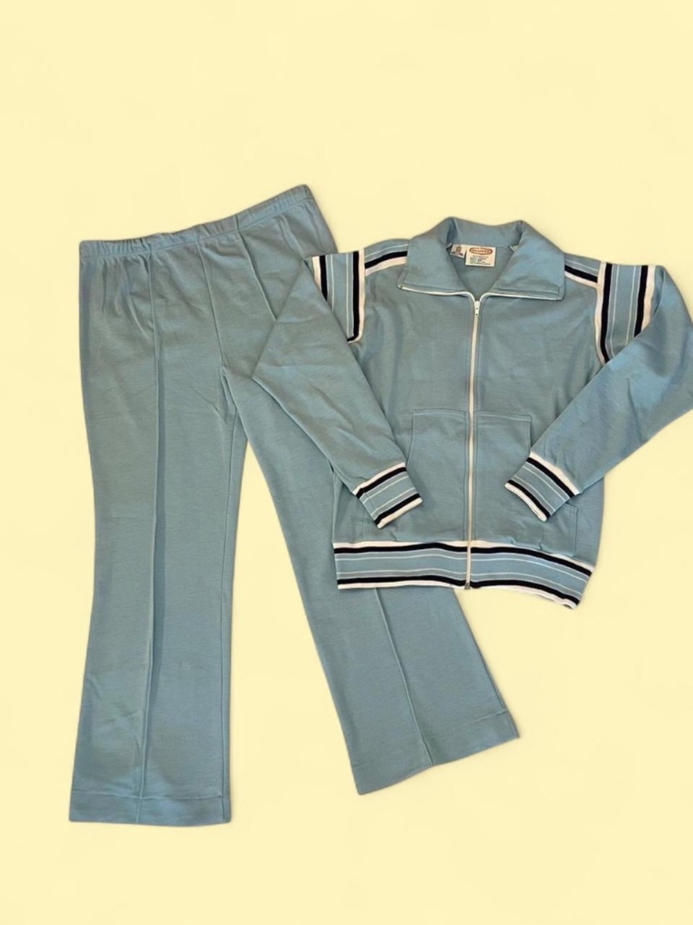 Vintage 70s All Pro Tracksuit 2 Piece Set Flare Leg Striped Knit Zip Up Blue